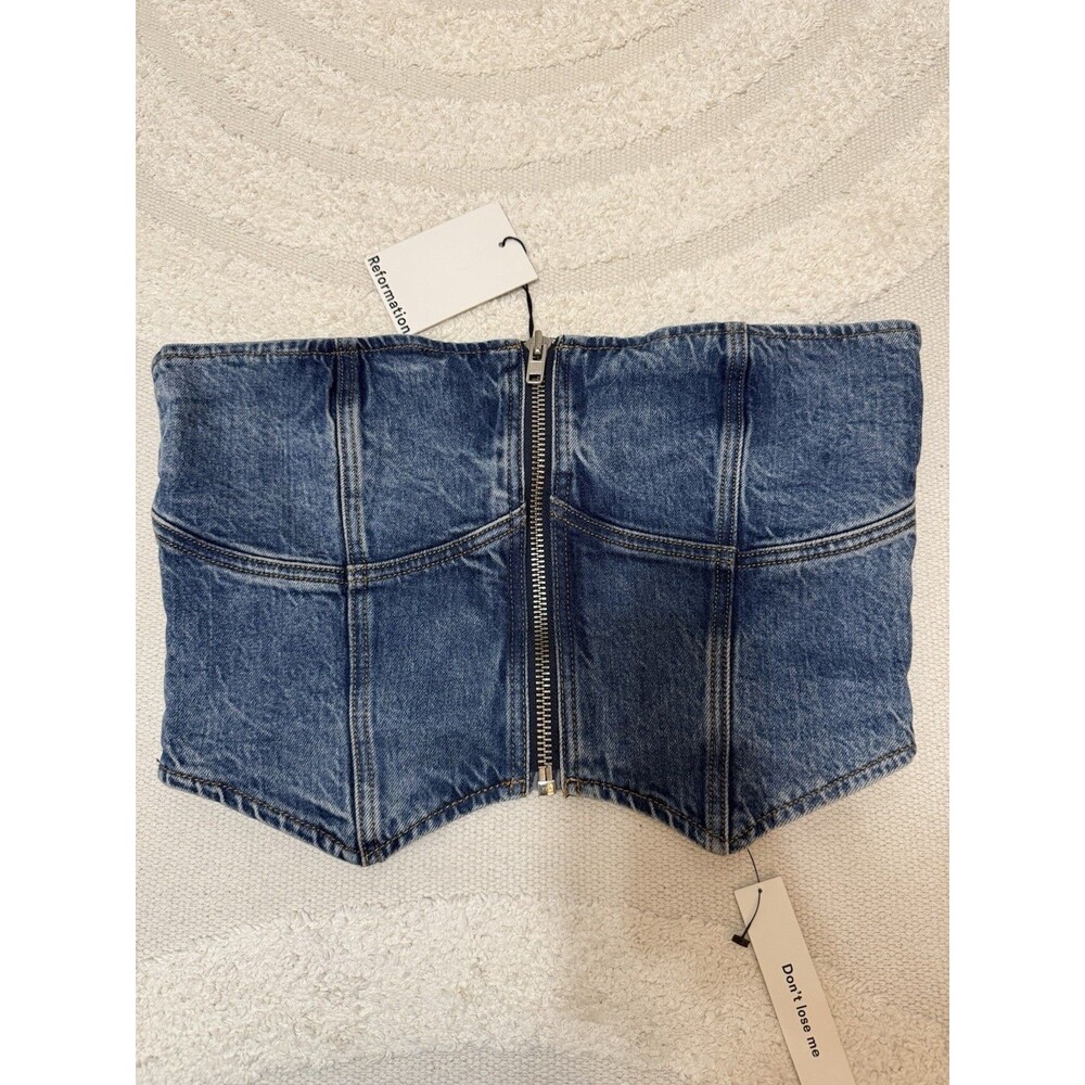 NWT Reformation Jeans Women's Strapless Denim Bustier Top Blue 8 Front Zip